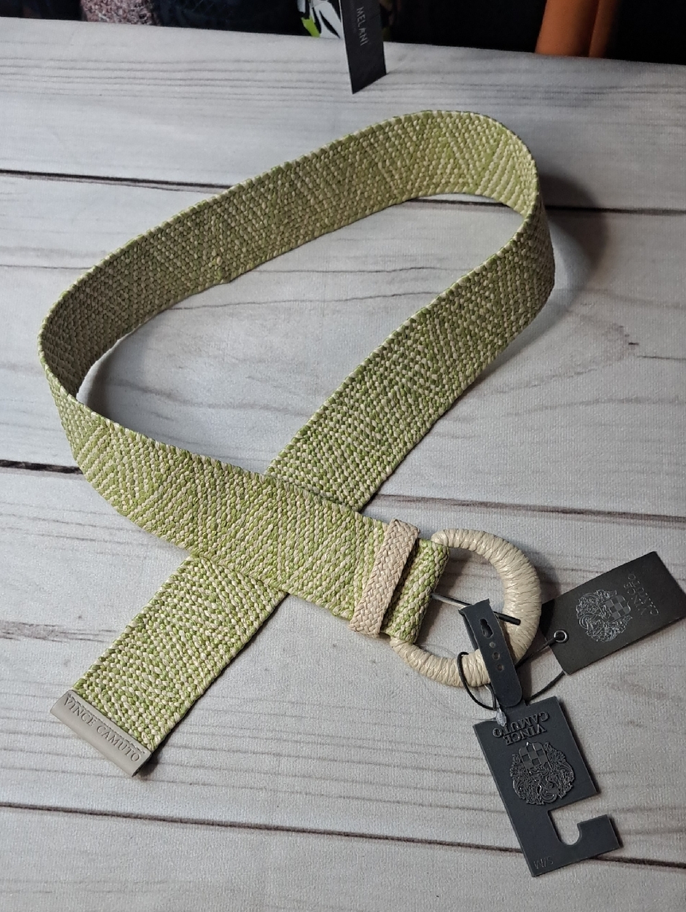 Vince Camuto Woven Green And Cream  Stretchy Belt Size Small